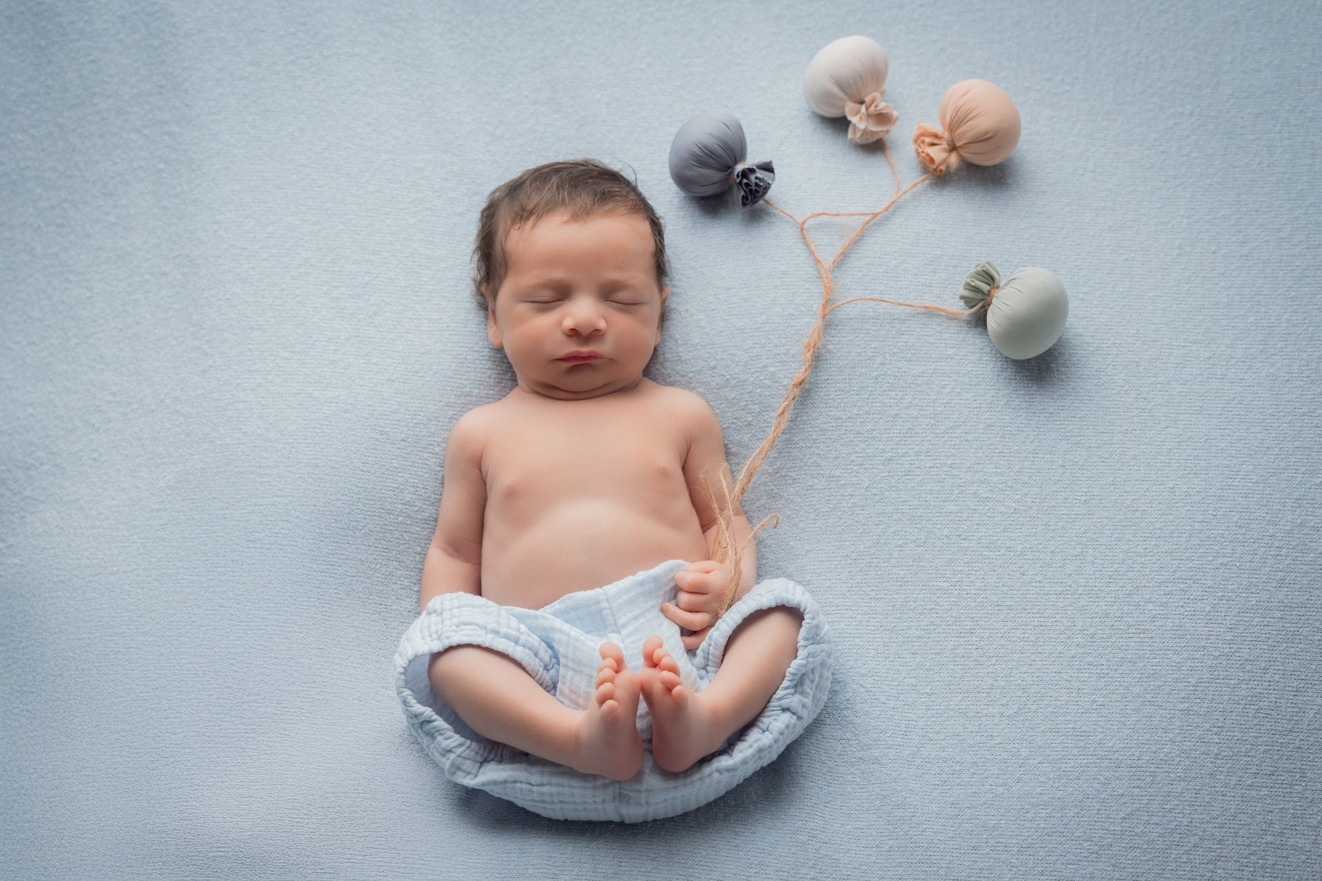 Ripresa dall'alto del neonato su un fondo azzurro, accanto a un ramo decorativo con le bacche